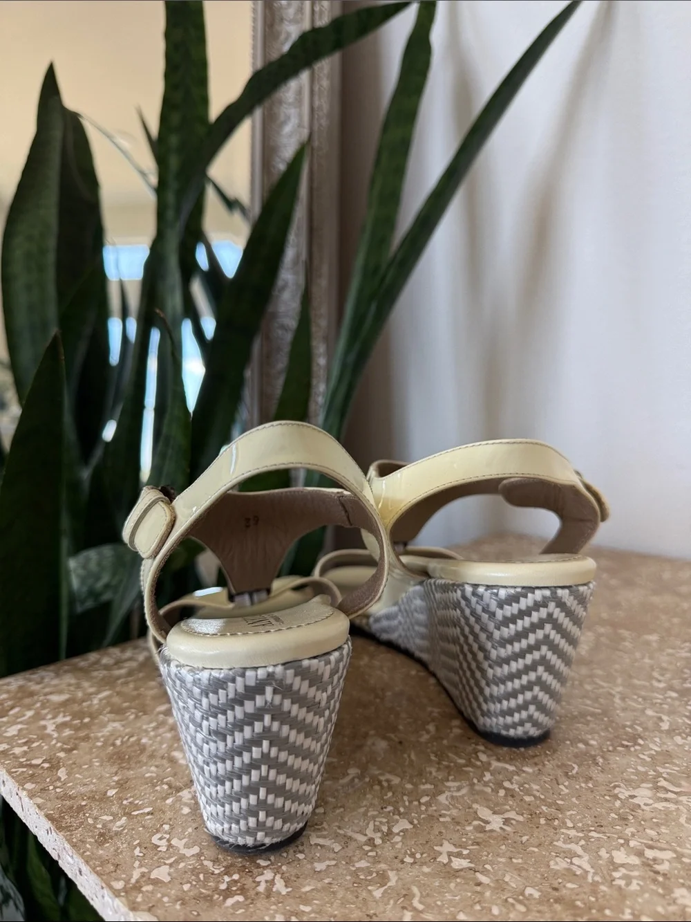 Anyi Lu Cream Patent Leather Buckle Slingback Heels Made in Italy